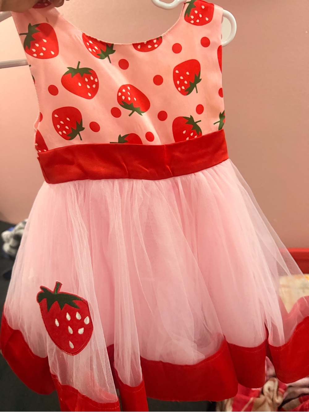 Pink Strawberry Tulle Dress for Kids - Red Accents